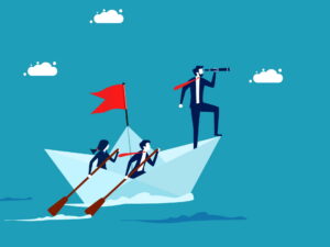 Three cartoon people on a boat navigate the sea