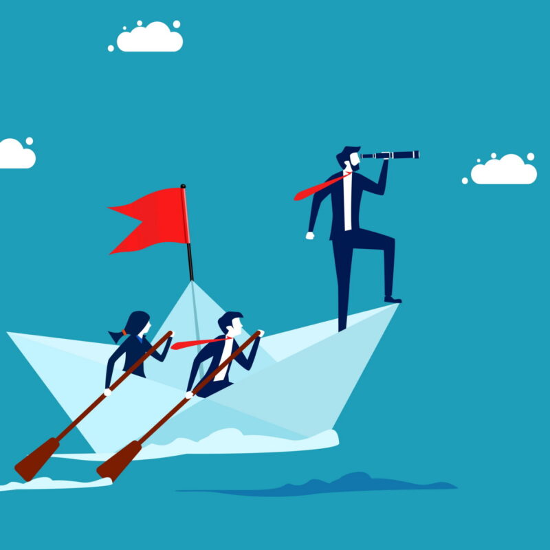 Three cartoon people on a boat navigate the sea